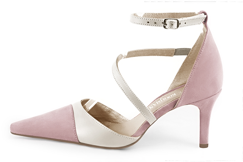 Light pink and pure white women's open side shoes, with snake-shaped straps. Tapered toe. High slim heel. Profile view - Florence KOOIJMAN